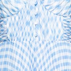 Pre Owned فستان سيلف بورتريت كريب غينغام أزرق بكتف مكشوف قصير مقاس وسط ( ميديوم )