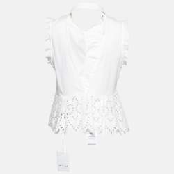 Pre Owned Self-Portrait White Eyelet Trimmed Cotton Button Front Top M