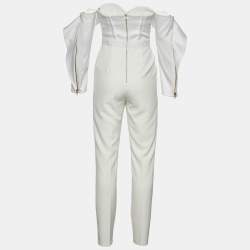 Pre Owned Self-Portrait Ivory Satin Ruffled Off-Shoulder Jumpsuit S