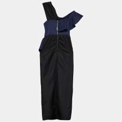 Self-Portrait Navy Blue Sateen Ruffled Asymmetric Midi Dress XS