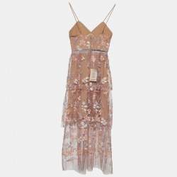 Pre Owned Self-Portrait Pink Tulle Floral Embellished Midi Dress XS