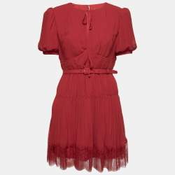 Self-Portrait Red Chiffon Pleated Belted Mini Dress M