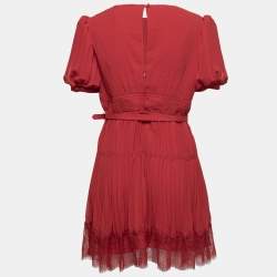 Self-Portrait Red Chiffon Pleated Belted Mini Dress M
