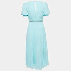 Pre Owned Self-Portrait Blue Pleated Chiffon Diamante Button Midi Dress S