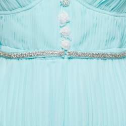 Pre Owned Self-Portrait Blue Pleated Chiffon Diamante Button Midi Dress S