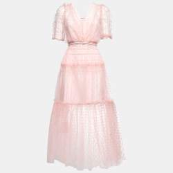 Pre Owned Self-Portrait Pink Dot Tulle Belted Midi Dress L