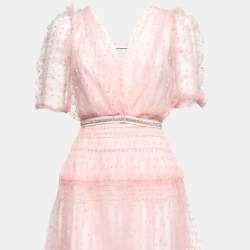Pre Owned Self-Portrait Pink Dot Tulle Belted Midi Dress L