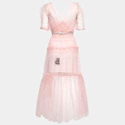 Pre Owned Self-Portrait Pink Dot Tulle Belted Midi Dress L