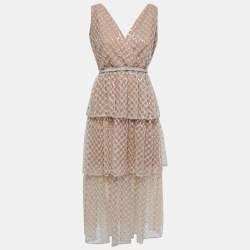 Self-Portrait Tan Sequin Tiered Sleeveless Midi Dress M