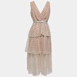 Self-Portrait Tan Sequin Tiered Sleeveless Midi Dress M