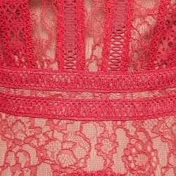 Pre Owned Self-Portrait Hot Pink Lace Panel Midi Dress S