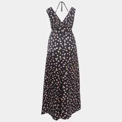 Self-Portrait Black Floral Print Crepe Draped Sleeveless Maxi Dress S