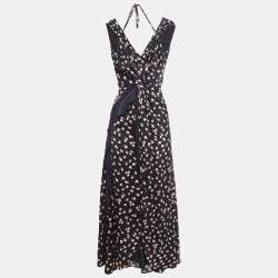 Self-Portrait Black Floral Print Crepe Draped Sleeveless Maxi Dress S