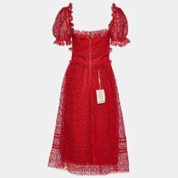 Pre Owned Self Portrait Red Hibiscus Guipure Lace Short Sleeve Dress S