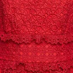 Pre Owned Self Portrait Red Hibiscus Guipure Lace Short Sleeve Dress S