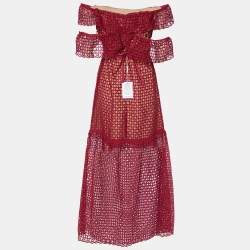 Pre Owned Self Portrait Burgundy Lace Off Shoulder Maxi Dress M