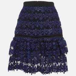 Pre Owned Self-Portrait Blue Floral Lace Sequin Detail Tiered Skirt S