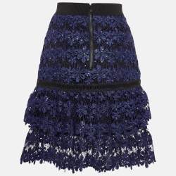 Pre Owned Self-Portrait Blue Floral Lace Sequin Detail Tiered Skirt S