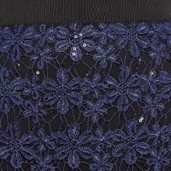 Pre Owned Self-Portrait Blue Floral Lace Sequin Detail Tiered Skirt S