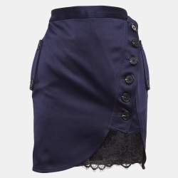 Pre Owned Self-Portrait Navy Blue Lace Trim Satin Buttoned Mini Skirt S
