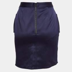 Pre Owned Self-Portrait Navy Blue Lace Trim Satin Buttoned Mini Skirt S