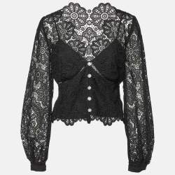 Self Portrait Black Floral Guipure Puff Sleeve Blouse L