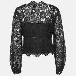 Self Portrait Black Floral Guipure Puff Sleeve Blouse L