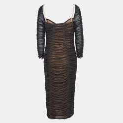 Pre Owned Self-Portrait Black Crystal-Embellished Strap Stretch Mesh Ruche Midi Dress L