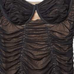 Pre Owned Self-Portrait Black Crystal-Embellished Strap Stretch Mesh Ruche Midi Dress L