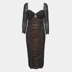 Pre Owned Self-Portrait Black Crystal-Embellished Strap Stretch Mesh Ruche Midi Dress L