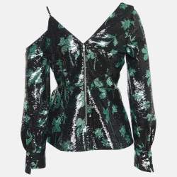 Pre Owned Self-Portrait Black/Green Sequin One-Shoulder Top M