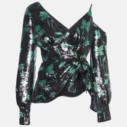 Pre Owned Self-Portrait Black/Green Sequin One-Shoulder Top M