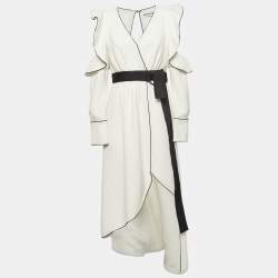 Pre Owned Self-Portrait White Viscose Blend Asymmetric Midi Dress M