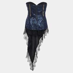Self-Portrait Blue/Black Crepe Sequin Lace Trim Top S