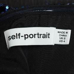 Self-Portrait Blue/Black Crepe Sequin Lace Trim Top S