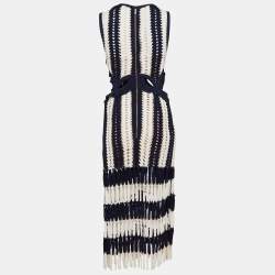 Pre Owned Self-Portrait Navy Blue/ White Crochet Knit Cut-Out Midi Dress M