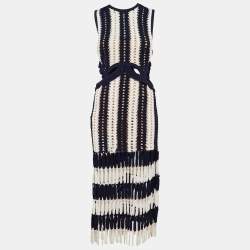 Pre Owned Self-Portrait Navy Blue/ White Crochet Knit Cut-Out Midi Dress M