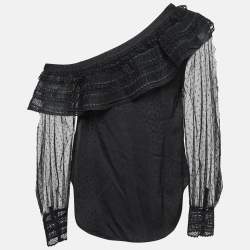 Self-Portrait Black Patterned Satin Guipure Lace Trim Blouse S