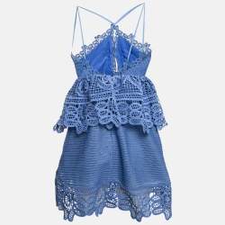 Pre Owned Self-Portrait Blue Guipure Lace Ruffled Mini Dress S