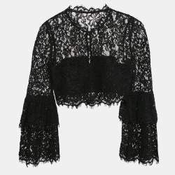 Self-Portrait Black Lace Flared Sleeve Button Front Crop Top S