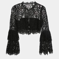 Self-Portrait Black Lace Flared Sleeve Button Front Crop Top S