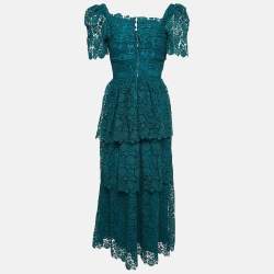 Pre Owned Self-Portrait Green Floral Lace Tiered Midi Dress M