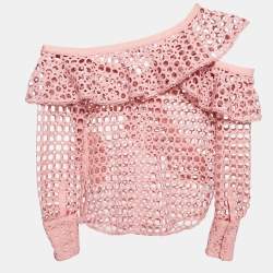 Pre Owned Self-Portrait Pink Guipure Lace One Shoulder Ruffled Top M