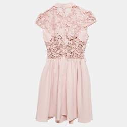 Self-Portrait Pink Floral Guipure Lace and Crepe Mini Dress XS