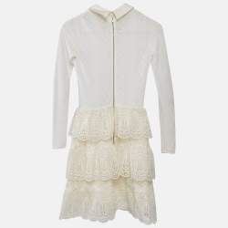 Pre Owned Self-Portrait White Lace Ruffled Full Sleeve Mini Dress S
