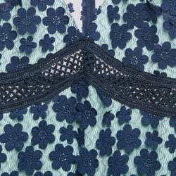 Pre Owned Self-Portrait Navy Blue Floral Applique Mesh Mini Dress M