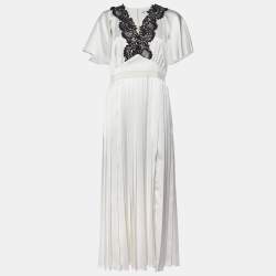 Self-Portrait White Lace Trim Satin Pleated Maxi Dress M