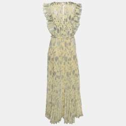 Pre Owned Self-Portrait Yellow Jacquard Fabric Belted Sleeveless Maxi Dress M