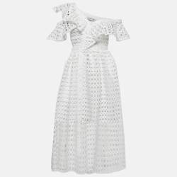 Pre Owned Self-Portrait White Guipure Lace Ruffled Midi Dress S