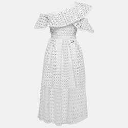 Pre Owned Self-Portrait White Guipure Lace Ruffled Midi Dress S